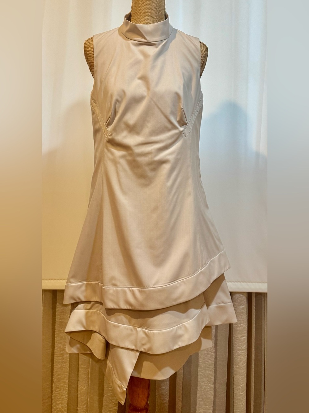 Celine Cream High-Low Tiered Dress, wool with silk lining, elegant style, S